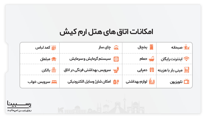 امکانات اتاق های هتل ارم بزرگ کیش امکانات هتل ارم کیش