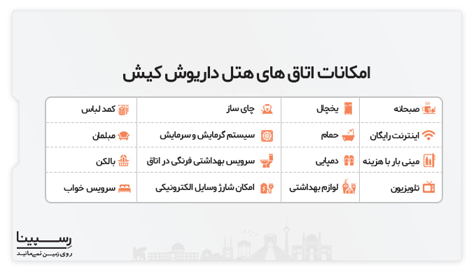 امکانات اتاق های هتل داریوش کیش امکانات هتل داریوش کیش