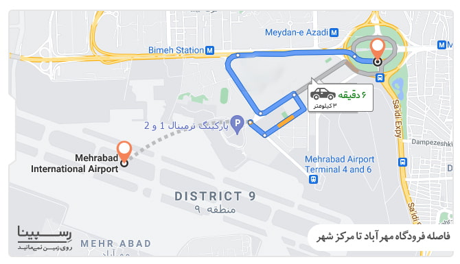 فاصله فرودگاه مهرآباد تا مرکز شهر روی نقشه