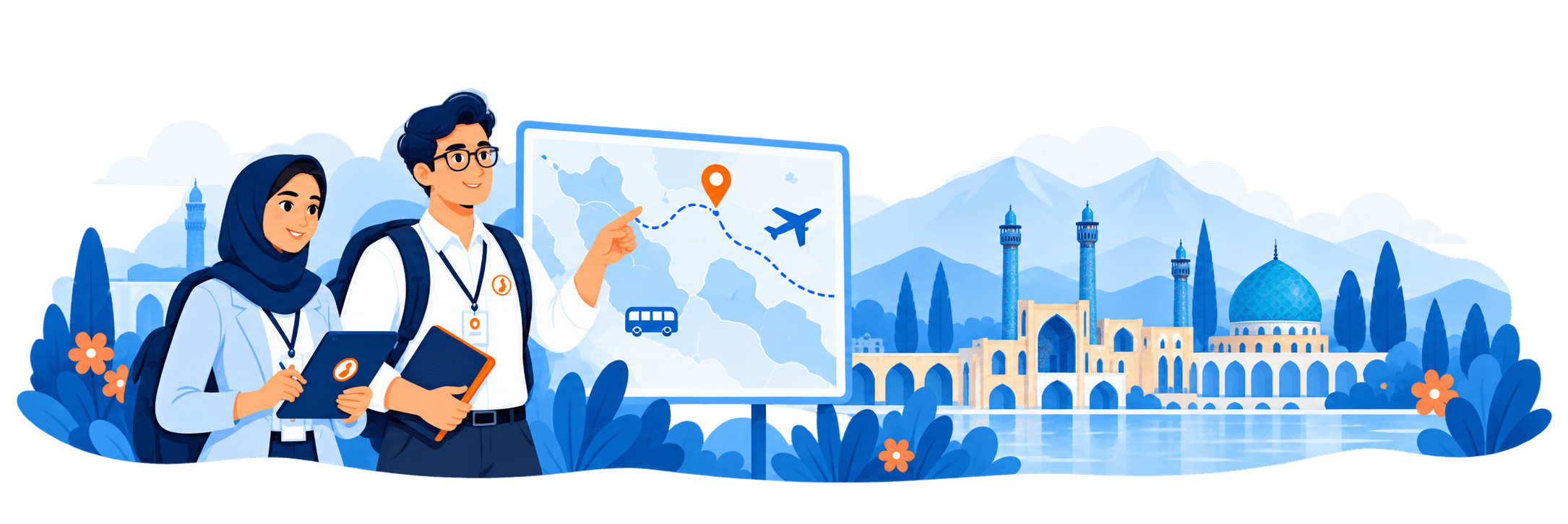 تیم تور لیدر رسپینا در کنار نقشه مسیر و نمایی از معماری ایرانی