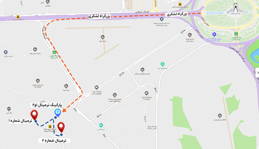 نقشه دسترسی به پارکینگ شماره 1 فرودگاه مهرآباد 