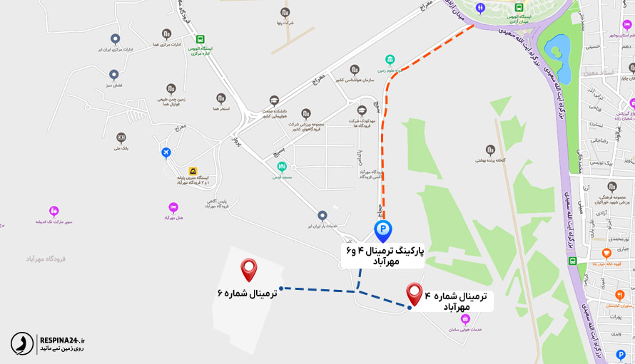 نقشه دسترسی به پارکینگ شماره 3 و 4 فرودگاه مهرآباد