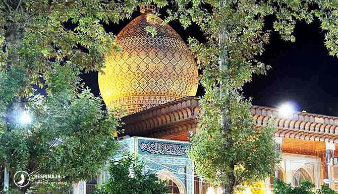 نمایی از گنبد امامزاده سید میر محمد در شب با درختان